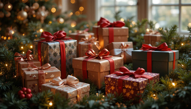 christmas tree with gifts, Presents and Gifts under Christmas Tree, Winter Holiday Concept. Cinematic low angle shot of presents stacked under a Christmas tree, illuminated by soft natural light
 - Powered by Adobe