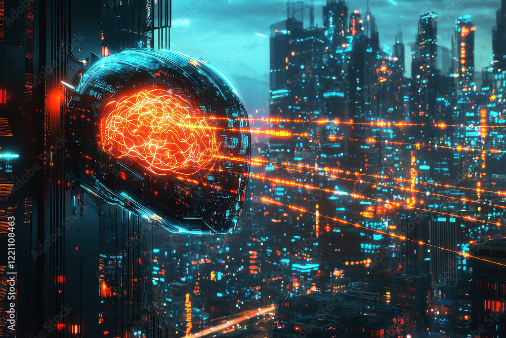 Poster glowing neural link headset with holographic data streams in a vibrant cyberpunk cityscape