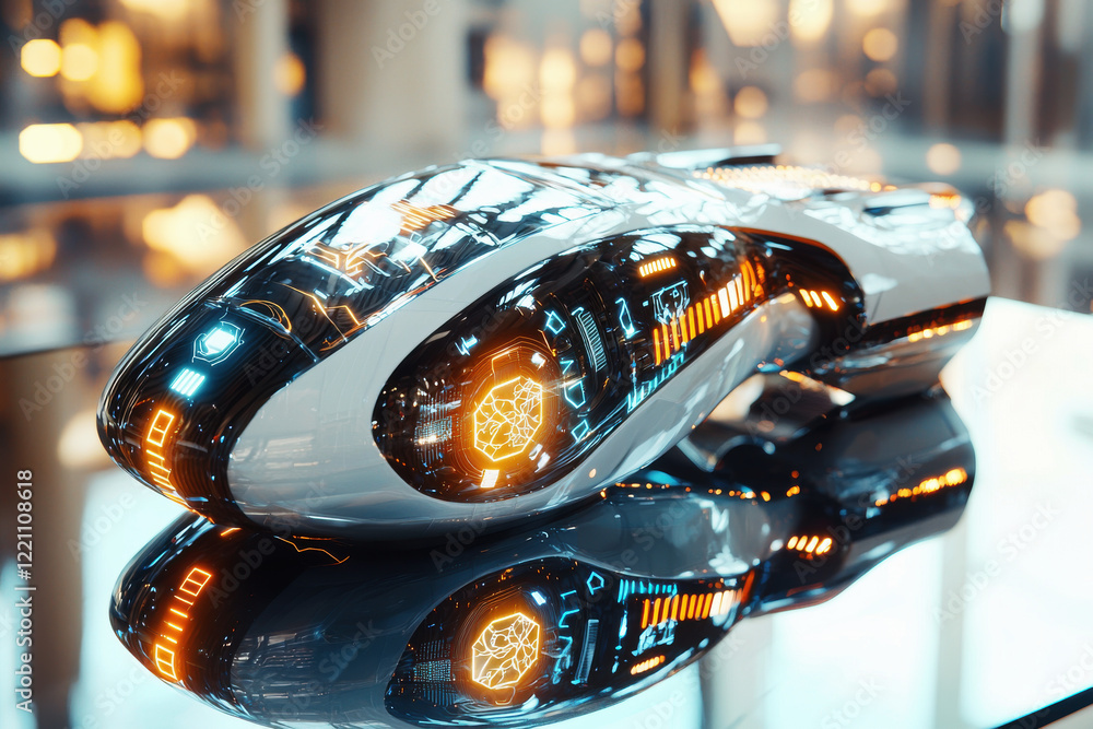 Poster futuristic neural link device design featuring sleek metallic textures and glowing interface on refl