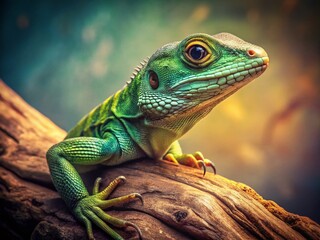 Fototapeta premium Vintage Green Lizard on Branch - Reptile Stock Photo
