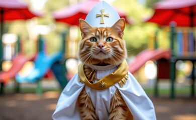 A regal cat dressed as a pope, complete with a white papal hat, cape, and a cross necklace, sitting on a sunny day.