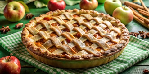 A freshly baked golden brown apple pie with a lattice crust, resting on a checkered green tablecloth, surrounded by fresh apples and cinnamon sticks, inviting a taste of autumnal sweetness.