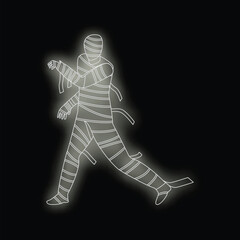 Glowing white outline of a mummy walking on a black background
