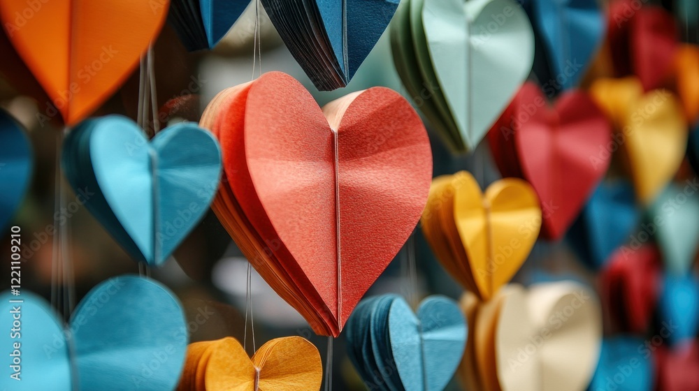 Poster colorful array of paper hearts hanging from strings