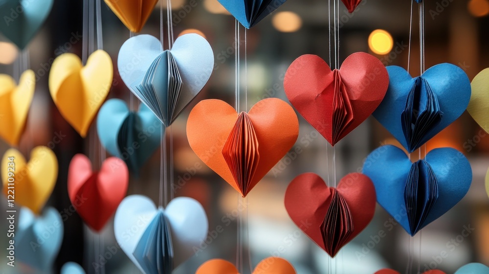 Poster colorful array of origami hearts hang delicately from strings