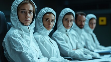 Team of scientists in protective suits meeting in research facility