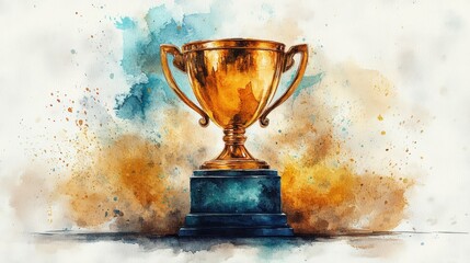 Golden trophy with vibrant watercolor splashes background