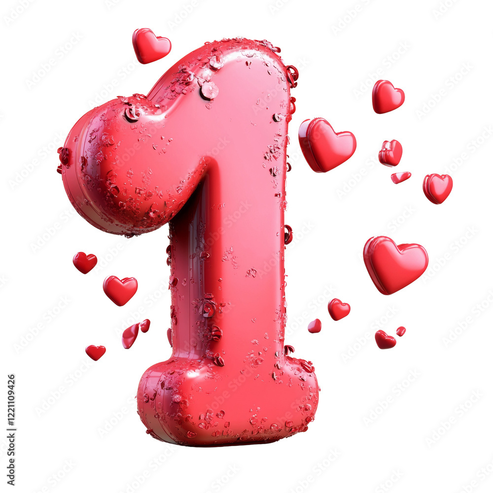Poster a three-dimensional red number one adorned with small hearts, suitable for valentine's day themes.