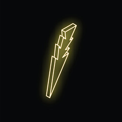 Bright yellow neon sign in the shape of a classic lightning bolt is glowing on a black background