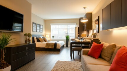 A well-decorated studio apartment featuring a single space with distinct living, dining, and sleeping areas.
