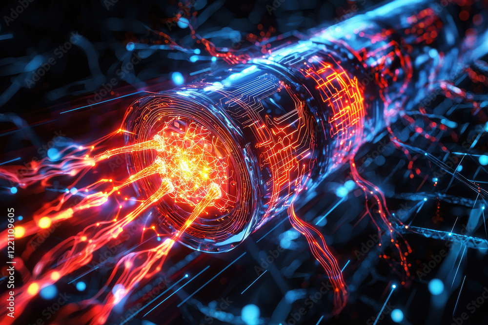 Poster conceptual illustration of a neural link implant featuring glowing circuits and digital grid in a fu