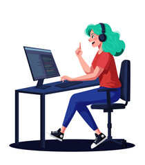 Female Programmer Coding on Computer - Flat Illustration