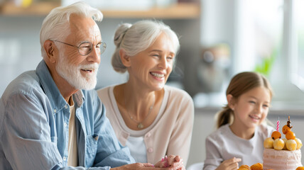 Fototapeta premium Grandparents enjoying birthday celebration with their granddaughter, smiling and sharing joyful moments together. atmosphere is warm and festive