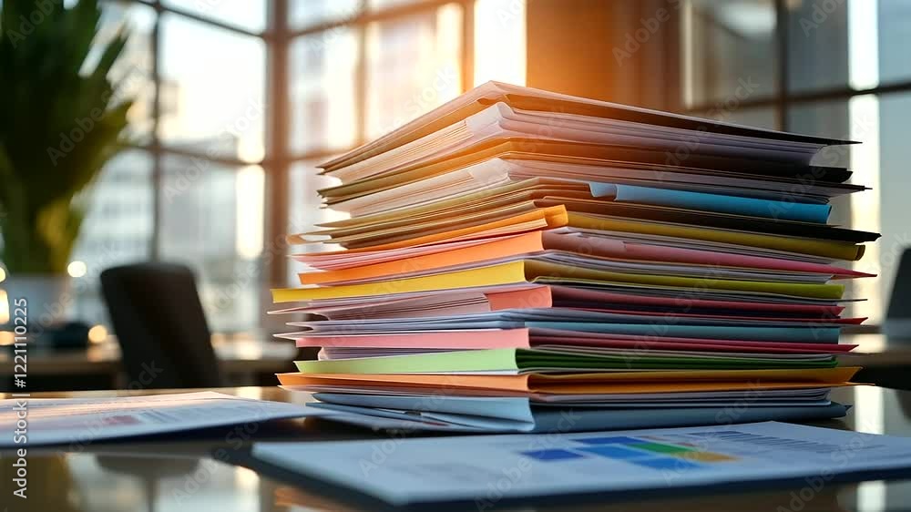Aufkleber financial reports and colorful data charts stacked neatly on a desk, with a softly blurred office se