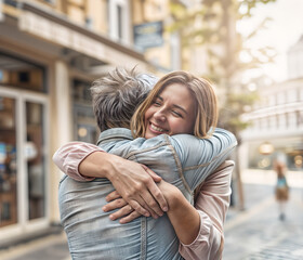 Happy couple hugging each other close up, family embracing. Woman and elderly man friendship. Cuddle as manifestation of feelings of love, support, care. Pair embrace outdoor