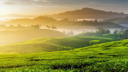 Naklejka premium Rolling green hills under a bright morning sun with misty mountains in the distance. Concept of serene natural beauty and tranquility.