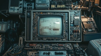 Fototapeta premium Vintage television with circuit boards and components, symbolizing technology evolution