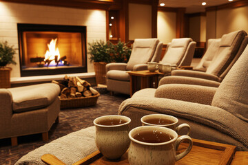 Cozy spa lounge with oversized chairs, a warm fireplace, and herbal tea for relaxation and comfort