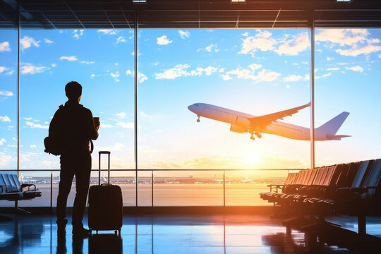 happy traveler waiting for the flight in airport, departure terminal, immigration concept