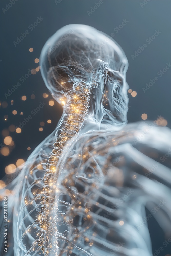 Poster the artwork showcases a glowing x-ray depiction of a human torso, emphasizing the skeletal structure