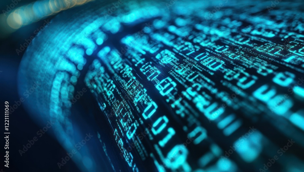 Poster stream of glowing binary code flows endlessly into the digital abyss