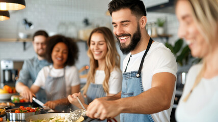 Group of friends cooking together in modern kitchen, sharing laughter and joy while preparing meal. atmosphere is warm and inviting, showcasing teamwork and friendship