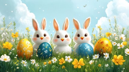 Fototapeta premium A family-friendly banner for Easter 2025, featuring playful cartoon bunnies, smiling chicks, and colorful Easter eggs