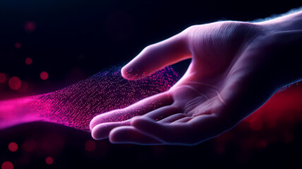 Hands interacting with a holographic data interface, optimizing complex datasets, abstract visualization of numbers and graphs