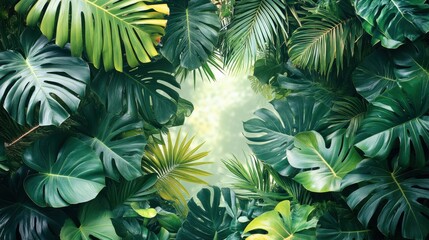 Tropical jungle frame with lush green leaves and sunlit background