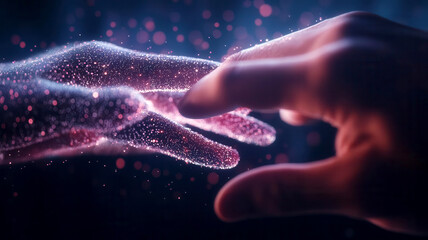 Hands interacting with a holographic data interface, optimizing complex datasets, abstract visualization of numbers and graphs