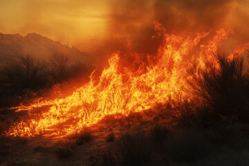 Devastating wildfire engulfs desert landscape under a hazy orange sky, showcasing the intense heat and destruction of dry brush