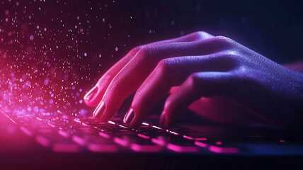 Hands typing on a futuristic keyboard, digital interface displaying statistical optimization, real-time data analysis