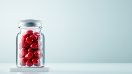 A transparent jar filled with red pills sits attractively against a soft background, visually representing health, wellness, and the importance of supplements in modern life.