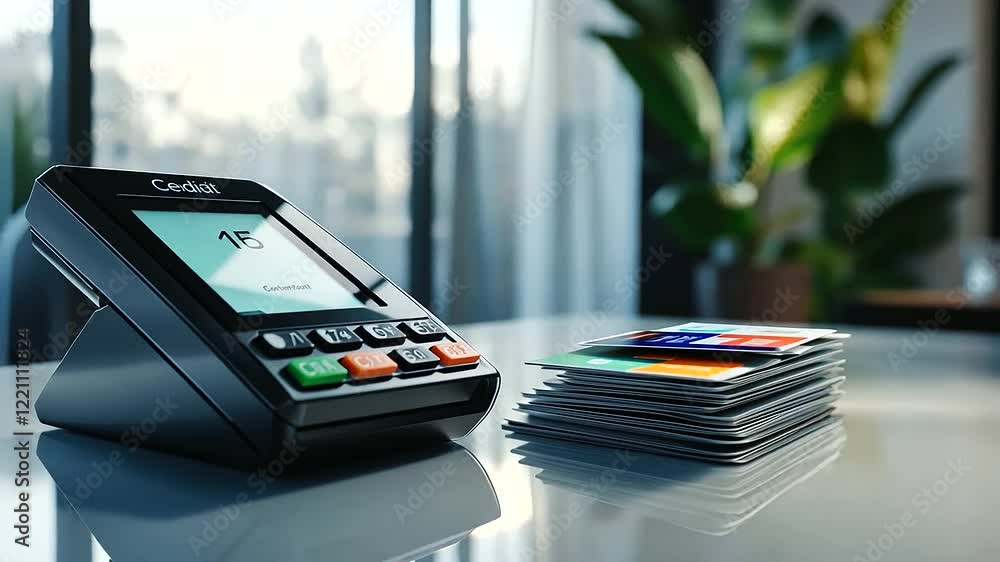 Poster a modern pos terminal and a stack of credit cards rest on a minimalist white countertop, surrounded 