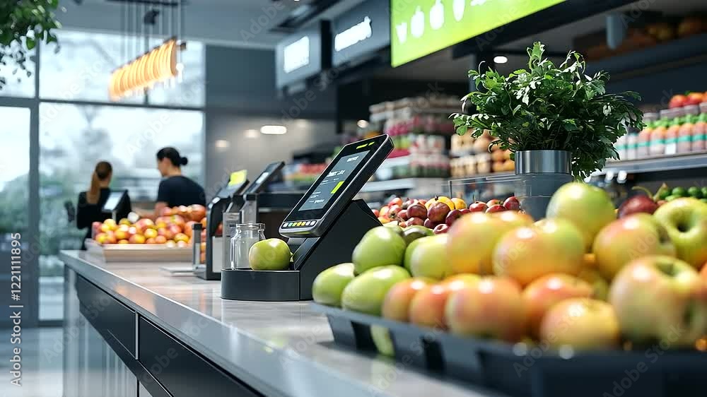 Aufkleber a modern supermarket scene with a happy shopper using contactless payment at a self-checkout, a neat