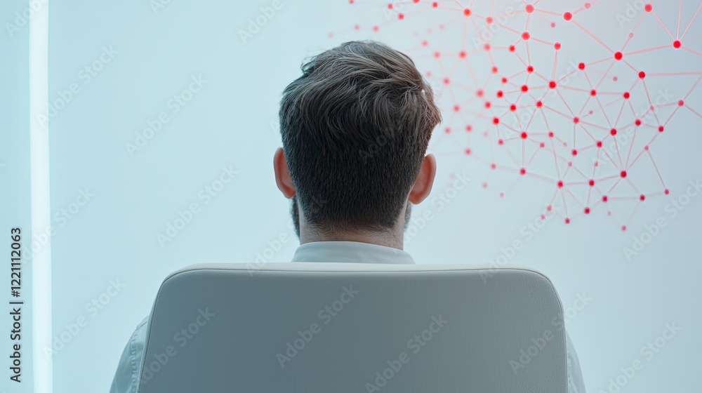 Poster creative process of product development innovator in minimalist workspace with abstract network back