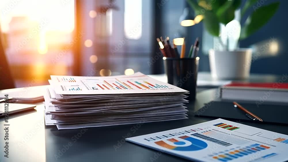 Poster a neat stack of financial reports with eye-catching graphs and charts sits on a desk, surrounded by 