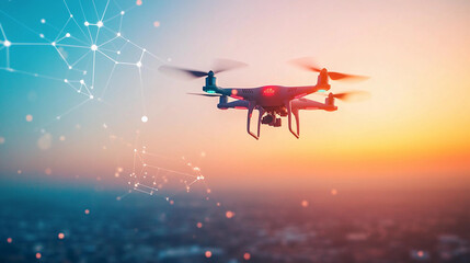 Drone flying over a cityscape at sunset with artificial intelligence technology in the aviation industry. Generative AI