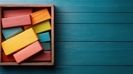 A vibrant array of colored wooden blocks is neatly arranged in a rectangular wooden tray, showcasing a spectrum of colors that evoke creativity and playfulness.
