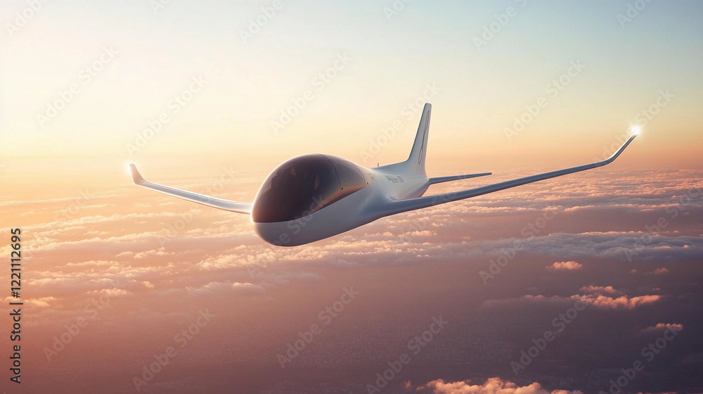 Poster future of aviation with artificial intelligence-driven aircraft soaring above the clouds during suns