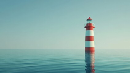 Fototapeta premium Lone red and white lighthouse amid calm blue sea under a clear sky