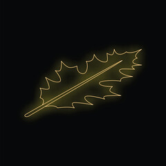 Neon yellow oak leaf is glowing on a black background