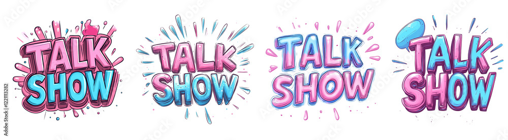 Poster a collection of four distinct talk show logo designs featuring vibrant pink and blue stylized text w