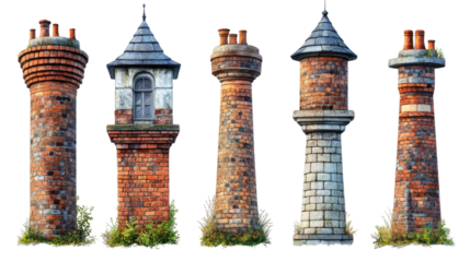 Architectural Chimneys: A collection of various brick chimneys showcases unique designs, textures, and intricate details, offering a glimpse into architectural diversity.