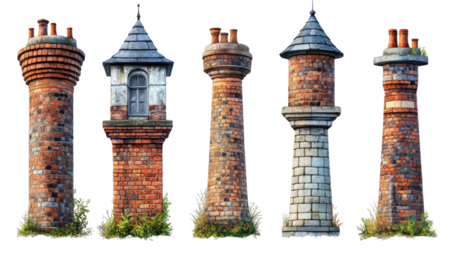 Architectural Chimneys: A collection of various brick chimneys showcases unique designs, textures, and intricate details, offering a glimpse into architectural diversity.