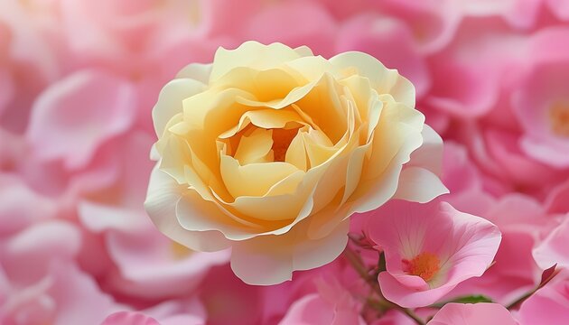 Macro photograph of a single yellow rose and pink rose backgrounder 