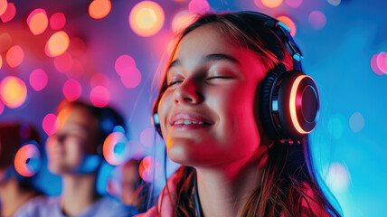 Young people enjoying silent disco with colorful lights and headphones, creating vibrant atmosphere of joy and connection