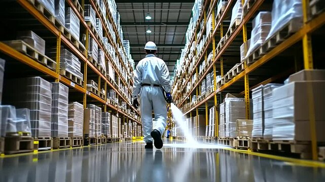 A pest control worker spraying insecticide along the floor of a warehouse aisle, framed by high shelves stocked with packaging materials.
