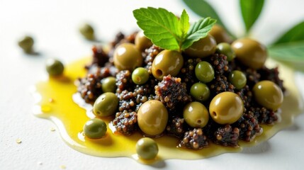 A delectable arrangement of olives and a dark, granular paste, artfully drizzled with golden olive oil, garnished with a vibrant green leaf.