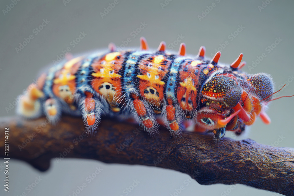 Poster colorful caterpillar in a macro shot crawling on a branch with vibrant patterns and tiny legs